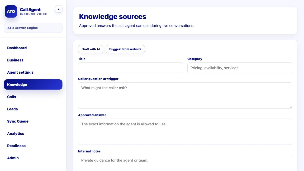 Call Agent approved-knowledge interface.