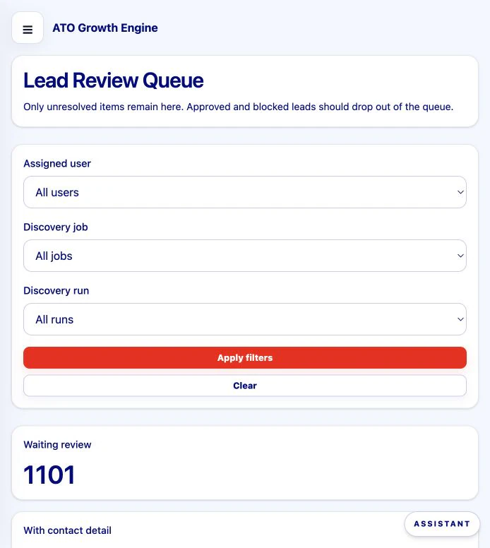 Lead review queue with filters and unresolved items awaiting a decision.
